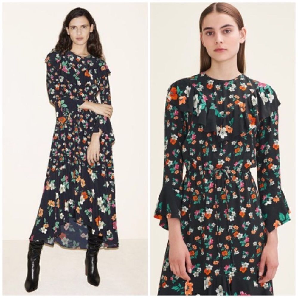 Maje Maxi Black Dress Floral Ruffle Long Sleeve Size S